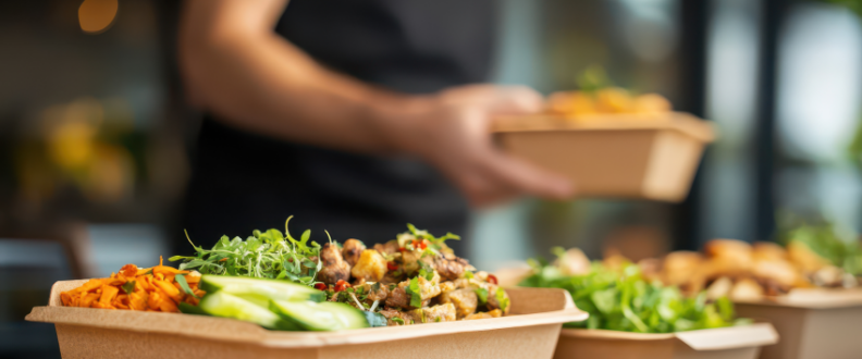 A counter with salad kits in zero-waste, paper-based packaging